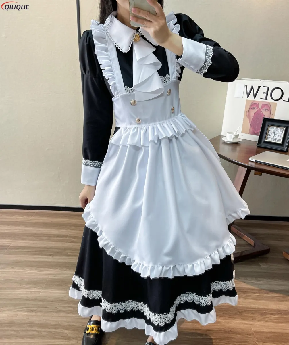 Women Maid Outfit Lolita Dress Cute Kawaii Cafe Costume Black White Men  Uniform Long Apron Dress Mucama Cosplay Costume 