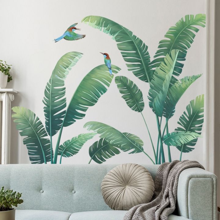 cw】 Tropical Green Plants Birds Wall Stickers Bedroom Living Room Sofa  Background Home Decoration Art Mural Self Adhesive Wallpaper 