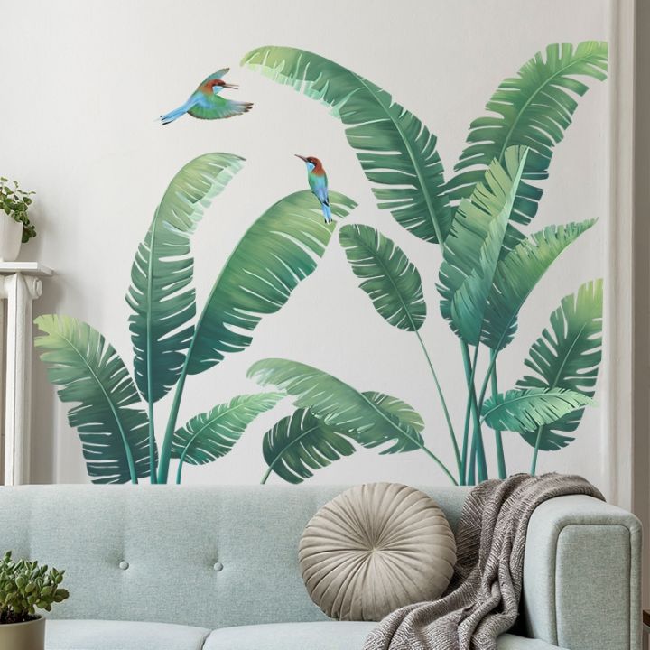 cw】 Tropical Green Plants Birds Wall Stickers Bedroom Living Room Sofa Background  Home Decoration Art Mural Self Adhesive Wallpaper 