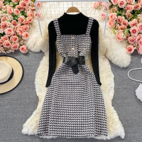 Gagarich Sets Female 2021 Autumn Korean Elegant Temperament Goddess Fan Houndstooth Strap Dress Stand Collar Knitted Sweater