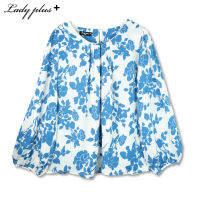 Lady PLus เสื้อแขนยาวลายดอกไม้จับจีบ | Floral Print Blouse เสื้อทำงาน สีฟ้า