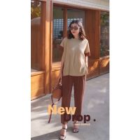 ?Hello Newbie!! ? choco #1309 Two Tones Pleats Set เซ็ตพลีทเสื้อคอกลมปาด ตัวเสื้อจะเป็นทรงแขนปาดต่ำ ตัดต่อทูโทน