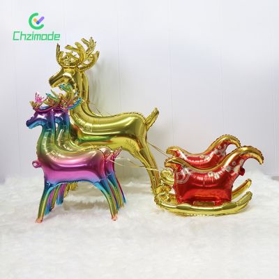 3PCS Xmas 3D Standing Elk Sled Balloon Set Gradient Gold Aluminum Foil Balloons Party Decoration Christmas Birthday Accessories