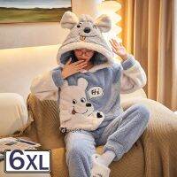 Oversize 6XL Womens Thick Warm Flannel Pajama Set Kigurumi with Hood Cartoon Shaggy Terry Womens Cute Night Suits Outer Wear