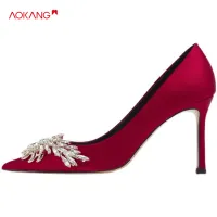 AOKANG Wedding shoes new wine red pearl high heels women