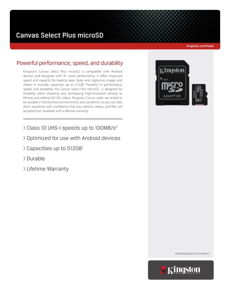 KINGSTON - Carte mémoire microSD Canvas Select Plus 32 Go +