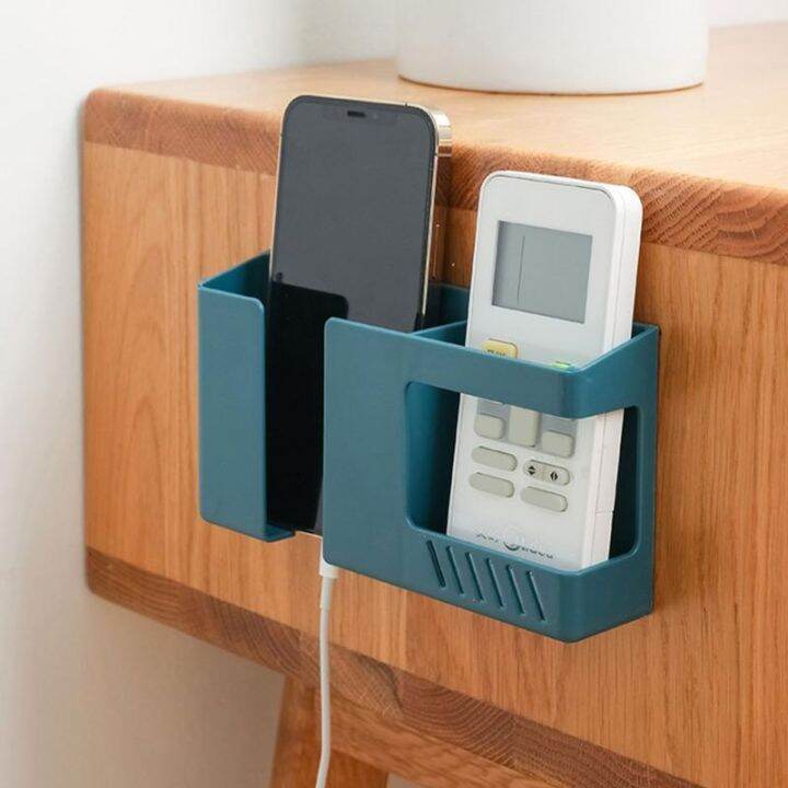 double-layer-wall-mounted-organizer-box-punch-free-tv-remote-control-storage-phone-plug-wall-holder-charging-multifunction-hooks