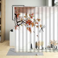 Autumn Scenery Shower Curtain Hooks Branches Maple Leaves Plants Home Decoration Bathroom Screen Hanging Curtains Set Polyester