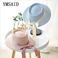 Ymsaid New Summer Sun Hats Women Fashion Girl Straw Hat Ribbon Bow Beach Hat Casual Straw Flat Top Panama Hat Bone Feminino