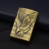 ▥♛ Vintage Grinding wheel classic Open Fire Metal creative relief flag Eagle Windproof gas lighter