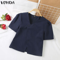 (จัดส่งฟรี)Fancystyle VONDA เสื้อแขนสั้นคอกลมลำลองสำหรับผู้หญิงแฟชั่นแขนพัฟเสื้อผู้หญิงมีกระดุมทแยง #2