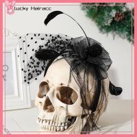 LUCKY HAIRACC วันแห่งความตาย ที่คาดผมขนนกยาวลายดอกไม้ลูกไม้ฮาโลวีน ชุดคอสเพลย์ ผ้าคลุมหน้าสีดำ ชุดคลุมศีรษะ เรโทร แต่งงานในงานแต่งงาน อุปกรณ์ตกแต่งงานปาร์ตี้ สำหรับผู้หญิง