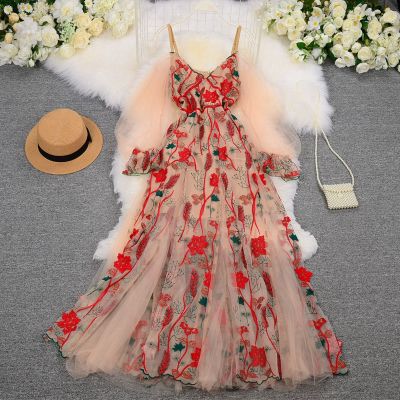Court dress a word wind brought the dew shoulder floral embroidery flower fairy gauze condole belt skirt restoring ancient ways