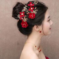 gzhuomengdachengzaishengziy Twinkle1 กิ๊บติดผม รูปดอกไม้ ใบไม้ ประดับมุก สีแดง สไตล์จีน ฮั่นฝู สําหรับเจ้าสาว