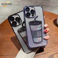 KISSCASE แผ่นโลหะเคลือบถ้วยชา/นมเคสโทรศัพท์แวววาวสำหรับ iPhone 14 Pro Max 11 12 13 Max เคสฝาครอบหลัง TPU น่ารัก