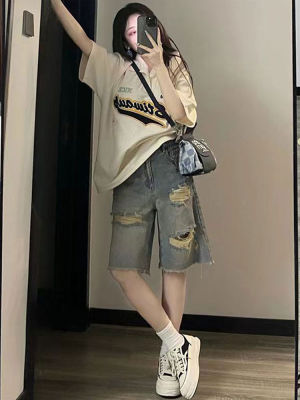HengShanYuan กางเกงขายาวขากว้างห้าส่วนของยีนส์ขาสั้นสำหรับสตรีแบบย้อนยุค