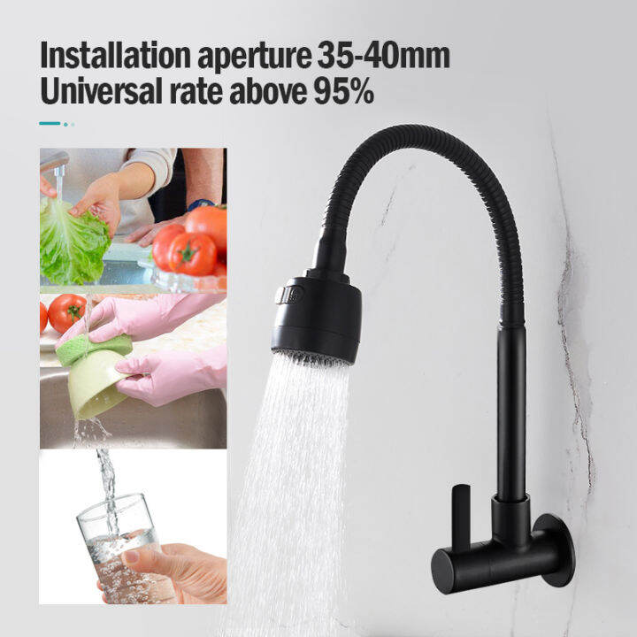 Black Kitchen Faucet Stainless 360° Rotate Flexible Cold Tap Wall