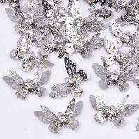 5pc Brass Filigree Pendants with Crystal Rhinestone 3D Butterfly Platinum 12x20x4~7mm Hole: 1.2mm