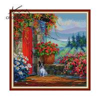 Crossdecor Cross Stitch ออกแบบใหม่รูปแบบภูมิทัศน์ Aida 14CT 11CT ผ้า Handmade ปักชุดพร้อมวัสดุสำหรับผู้เริ่มต้นตกแต่งสำหรับ Sala Wall - Flowery Courtyard