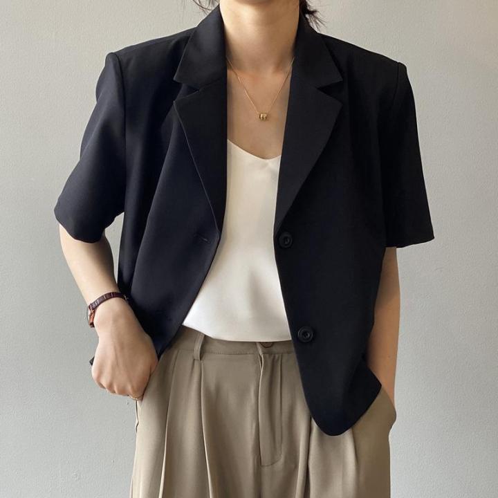 เสื้อแจ็กเก็ตแขนสั้นแฟชั่นสำหรับผู้หญิงฉบับภาษาเกาหลีบาง-draped-เสื้อคอปกสั้นด้านบนของผู้หญิง
