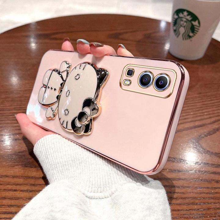 folding-makeup-mirror-phone-case-for-vivo-y72-5g-y52-5g-case-fashion-cartoon-cute-cat-multifunctional-bracket-plating-tpu-soft-cover-casing