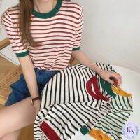 ?Korea NEW เสื้อแฟชั่นผญ ผ้าไหมพรมแขนสั้นคอกลม ลายริ้วกุ้นขอบสี 4 สี