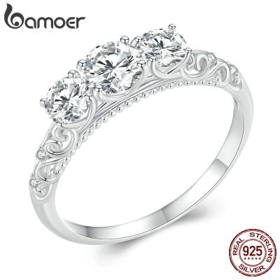 BAMOER 1.1CTTW Round Moissanite Platinum Plated Ring for Women D Color VVS1 EX Lab Diamond Engagement 925 Sterling Silver Ring