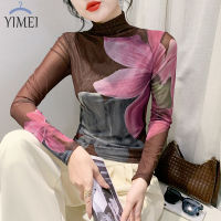 YIMEI เสื้อสตรีแฟชั่นพิมพ์ลายเสื้อยืดผ้าตาข่ายสวยใหม่เสื้อคอสูง2023รัดรูปไซดืใหญ่