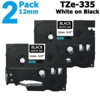 2 Pack 12mm Tze335 White on Black Label Tape for Brother PTouch 8M Length TZe-335 TZ-335 TZ335 Tze Tz 335 Compatible with P-Touch P Touch Labeler/ Label Maker Printer/ Labeling Tool System, Standard Laminated Sticker Ribbon Lettering Print Cassette