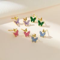 Ofertas Wholesale Fashion Korean Style 6 Colors Small Butterfly Crystal Zinc Alloy Stud Earrings for Women Wedding Party