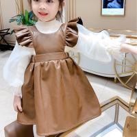 Kids Outfit Spring Girls Princess Clothes Set Baby Children Long Puff Sleeve Tops Blouse PU Leather Overall Dress Suit S12294