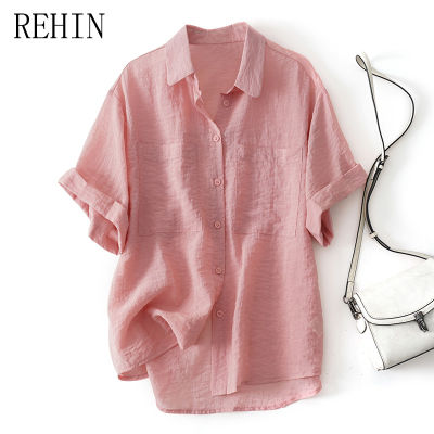 REHIN เสื้อเบลาส์สำหรับผู้หญิง,เสื้อเบลาส์เนื้อผ้าคอปกเสื้อแขนสั้นขอบม้วนเสื้อลำลองทรงหลวมระบายอากาศได้น้ำหนักเบา