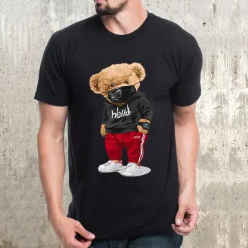 Tees For Men, Denim Teddy Bear Print T Shirt, Casual Short Sleeve