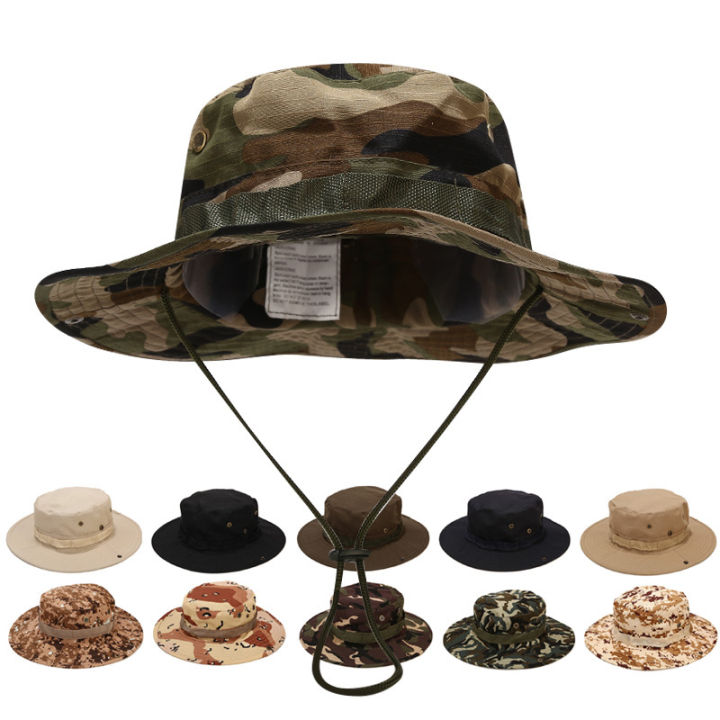 ผู้ชายพรางหมวกบอนนี่ยุทธวิธีกองทัพถังหมวกทหารปานามาฤดูร้อนถังหมวกล่าสัตว์เดินป่ากลางแจ้ง-camo-อาทิตย์ปกป้อง