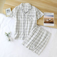 New summer mens 100 cotton pajamas two-piece large size thin short-sleeved shorts plaid casual home service set sleep wear men