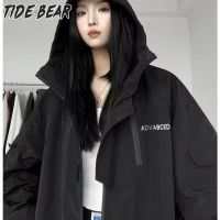 TIDE BEAR เสื้อฮู้ดเสื้อมีฮู้ดแขนยาวปานกลางของผู้ชายแบบหลวมแจ็คเก็ตผ้าฝ้ายแนวสตรีทแขนยาวใหม่