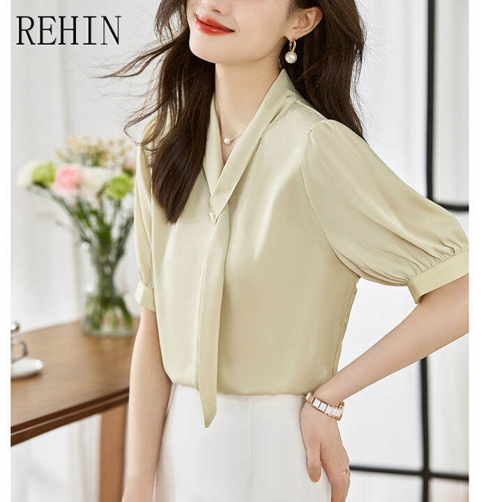 rehin-เสื้อแฟชั่นสไตล์เกาหลีแบบใหม่คอวีสำหรับผู้หญิง-สีทึบลำลองคอวีผูกโบว์ใส่ได้หลายโอกาสเสื้อเชิ้ตแขนสั้น