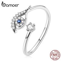 BAMOER แหวนตาปีศาจ CZ วิบวับสำหรับผู้หญิง,แหวนเพทายแบบวงเปิดสีน้ำเงิน925เงินสเตอร์ลิงเครื่องประดับดีไซน์เรียบง่ายเรียบง่ายสไตล์โบฮีเมียน