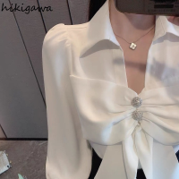 Hikigawa V-neck Long Sleeve Blouses Womens Clothing 2022 White Shirts Tops Chic Bow Loose Chiffon Blusas De Mujer Office Lady