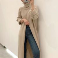 Women Knitted Sweater Spring And Autumn Turtleneck Pullovers Loose Fork Over The Knee Long Sleeve Knitted Sweater Dress