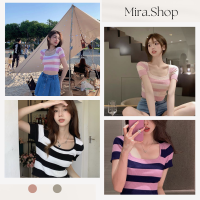 Mira_shop เสื้อไหมพรมลายทางแขนกุด สีลูกกวาดน่ารักสดใส เสื้อครอป  9506#