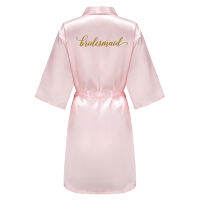 Wedding Party Bridesmaid Maid of Honor Robe With Gold Writing Letter Women Lady Pink Satin Bathrobe Kimono S-4XL