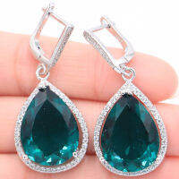 43x19mm Big European Design Jewelry Set Created Blue Aquamarine CZ For Women Dating Silver Pendant Earrings Fine Jewelry