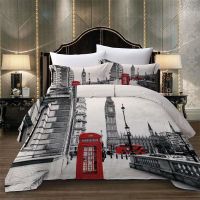 ∈♤ Paris Tower London City Scenery Big Ben Red Telephone Booth Bus Print Bedding Set Quilt Duvet Cover Pillow Case US AU EU Size