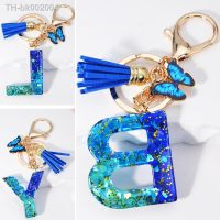 ♗♦ Sea Blue 26 Initials A To Z Heart Filled Sequins Keychain With Butterfly Tassel Keyring for Women Men Handbag Accessories