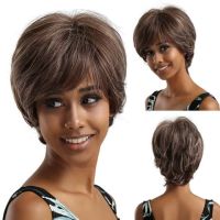 Short Layered Ombre Brown Full Wigs for Women Hairstyle Natural Hair Daily Wigs with Bangs Heat Resistant Synthetic Wigs Gift ของขวัญ