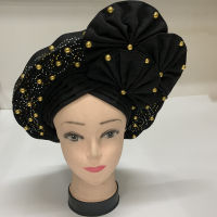 Black African Auto Gele Aso Oke Headties With Flower Stones Beads Muslim Turban Caps Nigerian Wedding Gele Ready to Wear