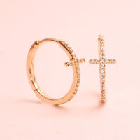 Grace Fine Jewelry ต่างหูห่วงทองแท้ 9K Cross Huggies  With White Sapphire