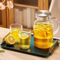 1.6L Heat Resistant Glass Cold Water Kettle And Cups Transparent Stripe Coffee Teaware Stainless Steel Lid Jug Kitchen Accessory