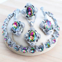 Magic Rainbow 925 Silver Bridal Jewelry Sets Fine Costume Jewellery Women Wedding Earrings Rings celets Set Pendant Necklace